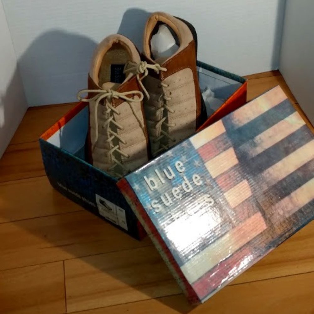 Blue Suede Shoes: Womans tan and brown shoes.